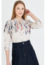 armonika Women's Light Beige Judge Collar Patterned Shirt Arm-25Y 001013