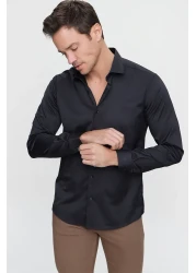 Morven Men's Black Slim Fit Slim Fit Solid Hard Neck Long Sleeve Shirt