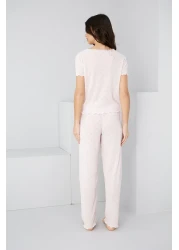 Siyah İnci Pink Pointel Openwork/Hole Knitted Pajama Suit7893