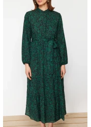  Modest فستان منسوج من الشيفون مبطن بحزام منقوش باللون الأخضر الداكن TCTSS21EL3346