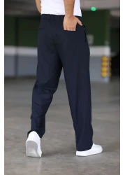 Bürke بنطال فضفاض باللون الأزرق الداكن - طيات مزدوجة، خصر مطاطي، مقاس مريح، ساق واسعة