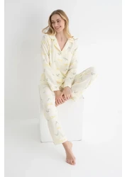 DOFİ طقم بيجامة Aerobin أصفر بأزرار للنساء - نمط الكرز، مناسب للصيف وملابس المنزل