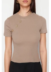  Collection Mink Button Detailed Ribbed Fitted/Fitted Stretch Knitted Blouse TWOSS24BZ00536