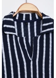  Collection Limited Edition Navy Blue Striped Knitwear Look Polo Neck T-Shirt Tmnss25Po00011