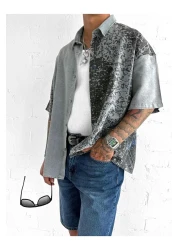 ablukaonline Men's Short Sleeve Patterned Oversize Shirt Gray