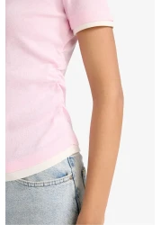 Defacto Slim Fit Slim Fit Crew Neck Basic Plain Ribbed Short Sleeve Pink T-Shirt F3504Ax25Sm