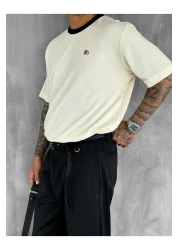 ablukaonline Men's Contrast Detailed Oversize Basic T-Shirt Cream