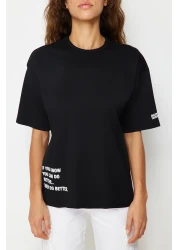  Collection Black 100% Cotton Slogan Printed Oversize/Wide Fit Crew Neck Knitted T-Shirt TWOSS23TS00183
