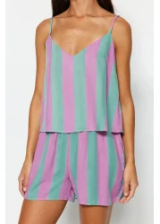  Collection Multicolor Striped Rope Strap Woven Pajama Set with Viscose Shorts Thmss23Pt00225