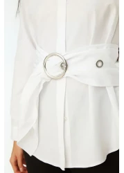  Collection قميص منسوج من القطن بإبزيم حزام أبيض TWOAW20GO0099