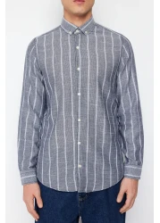  Collection Navy Blue Striped Slim Fit Shirt - Button Collar TMNSS22GO0028