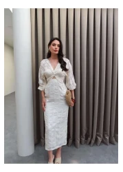 ESRAHELVACI فستان ميدي بأكمام على شكل بالون مكشكش