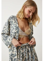 Happiness İstanbul بدلة بنطلون كيمونو بالازو بنمط رمادي على شكل عظمة للنساء EN00614