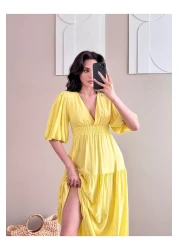 LOCH BUTİK فستان طويل أصفر بأكمام قصيرة ورقبة على شكل حرف V للنساء