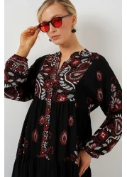 Bigdart 2423 Authentic Patterned Hijab Dress - Black - Claret Red