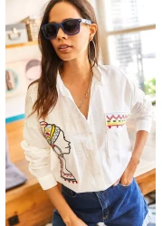 Olalook قميص نسائي كاجوال من الكتان المنسوج مع جيوب وتطريز GML-19001009