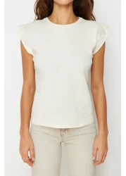  Collection Beige 100% Cotton Wadding Look Basic Crew Neck Knitted T-Shirt TWOSS20TS0021