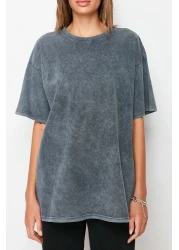  Collection Anthracite 100% Cotton Faded Effect Back Printed Boyfriend Crew Neck Knitted T-Shirt TWOSS23TS00109