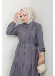 HARMAN BUTİK فستان نسائي من الكتان الرمادي بأزرار مكشكشة