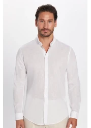 Tudors سلسلة كتان فاخرة للرجال - قميص رياضي أبيض بأكمام طويلة وقصة ضيقة