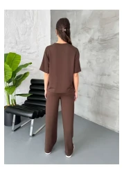 Elif Özbey Butik Brown Print Detailed Short Sleeve Set