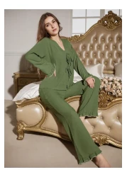 BELLA NOTTE طقم بيجامة طويلة بربطة أمامية باللون الأخضر