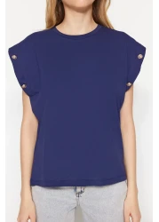  Collection Navy Blue 100% Cotton Button Detailed Wadding Appearance Basic Crew Neck Knitted T-Shirt TWOSS23TS00016