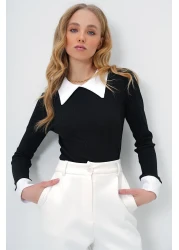 Trend Alaçatı Stili قميص أسود طية صدر السترة كتلة اللون بروتيل المرأة بلوزة - ALC-X13511