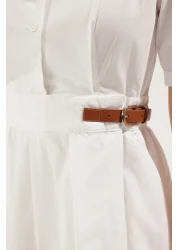 Collection White A-Line Pleat and Belt Detail Poplin Lining Midi Woven Dress Twoss25El00060