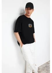  Collection تي شيرت قطني أسود مطرز كبير الحجم - كم قصير، TMNSS23TS00243