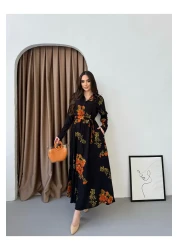 Att Style Full Length Black Floor Orange Rose Pattern Dress