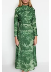  Modest Green Patterned Double Breasted Detailed Woven Dress with Collar TCTSS23EB00225