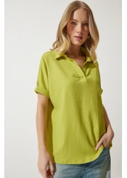 Happiness İstanbul Women's Oil Green Polo Neck Knitted Crinkle Blouse DD01299