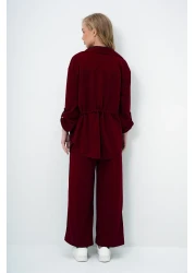 Trend Alaçatı Stili سترة سفاري بجيب مزدوج باللون العنابي وبدلة علوية من الكريب مع بنطال واسع الساق بخصر مطاطي ALC-X14086