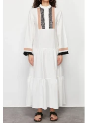  Modest Ecru Embroidery and Tassel Detailed Woven Dress TCTSS24EB00134