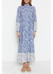  Modest فستان قميص منسوج ذو طية صدر السترة ذو مظهر عرقي أزرق TCTSS23EB00286