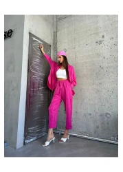 İkmal Women's Fuchsia Double Linen Shirt Pants Bottom Top Set