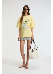 GRIMELANGE Nitza Women's 100% Cotton Oversize Crew Neck Yellow T-Shirt