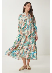 Happiness İstanbul Women's Cream Blue Patterned Buttoned Summer Viscose Dress Cr00429