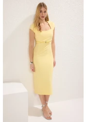  Collection Light Yellow Belted Straight Body-Hugging Midi Woven Dress Twoss25El00211