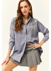 Olalook Women's Indigo Embroidered Pearled Wool Effect Oversize Winter Shirt