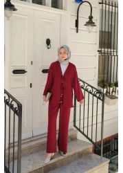 LOCCO بدلة نسائية بتفاصيل ربط أمامي باللون الأحمر الداكن