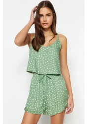  Collection Mint Polka Dot Ruffle Detail Rope Strap Viscose Shorts Woven Pajama Set Thmss21Pt0742