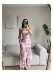 Zoom Butik Floral strapless Draped dress - pink