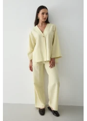 JASTE Women's Buttoned V-Neck Kimono & Elastic Waist Trousers Linen Set