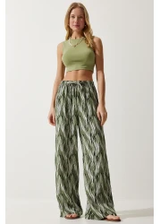 Happiness İstanbul بنطلون بالازو فسكوزي منقوش باللون الكاكي للنساء EN00606