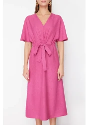  Collection Fuchsia Tie Detailed A-line V-neck Midi Woven Dress TWOSS23EL01543