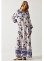 Happiness İstanbul فستان فيسكوز طويل كبير الحجم منقوش باللون الأرجواني للنساء DD01309