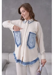 Miss Allos طقم قميص وبنطلون من الكتان بجيب أمامي مطرز باللؤلؤ والحجر للنساء