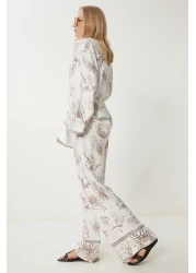 Happiness İstanbul طقم تونيك وبنطلون صيفي منقوش باللون البني للنساء FN03457